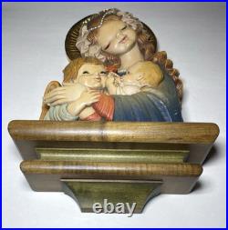 Vintage Anri Italy Hand Carved Wood Madonna, Child and Angel Wall Sculpture 17