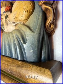 Vintage Anri Italy Hand Carved Wood Madonna, Child and Angel Wall Sculpture 17
