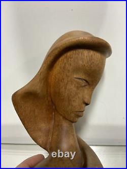 Vintage Antique Art Deco Carved Wood Female Head Sculpture Signed