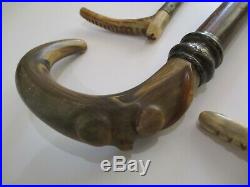 Vintage Antique Cane Silver Carved Bone Horn Sculpture Antique Inscribed Wood