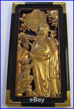 Vintage Antique Chinese Scholar Wood Carving Gold Tone Wood Sculpture Statue