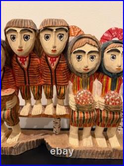 Vintage Anton Kaminski Folk Art Polychrome Wood Carving of Man Women & Children