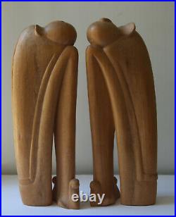 Vintage Art Deco Style Pair Carved Wood Sculpture Women Hand Stunning