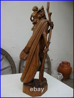 Vintage Art Sacret Sculpture Wood Carving Statue Saint Christhoper Jesus Christ