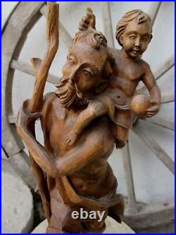 Vintage Art Sacret Sculpture Wood Carving Statue Saint Christhoper Jesus Christ