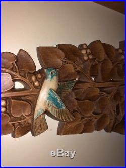 Vintage Art Syroco Wood Mid Century Modern Framed Leaves Bird Sculpture MCM