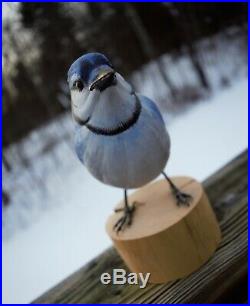 Vintage Art Wooden Blue Jay Bird Hand Carved Wood Figure Sculpture