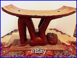 Vintage Ashanti Tribe African Man Holding Chief's Chair Stool Wood Sculpture
