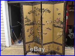 Vintage Asian 4 Panel Black lacquered Coromandel Screen carved and painted #3