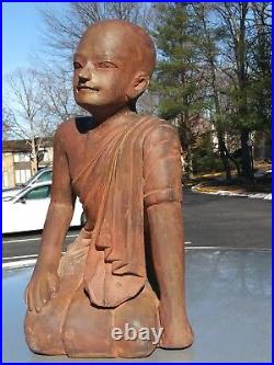 Vintage Asian Burmese Carving wood of Kneeling Buddhist Monk large statue