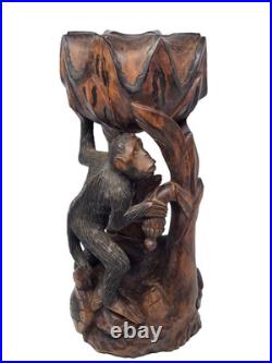 Vintage Asian Wood Carving Sculpture Monkey, Snake, Lotus Flower Bowl, Turtle