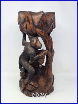 Vintage Asian Wood Carving Sculpture Monkey, Snake, Lotus Flower Bowl, Turtle