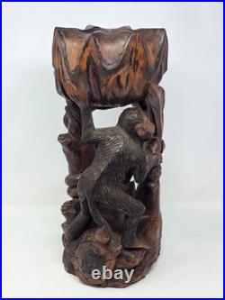 Vintage Asian Wood Carving Sculpture Monkey, Snake, Lotus Flower Bowl, Turtle