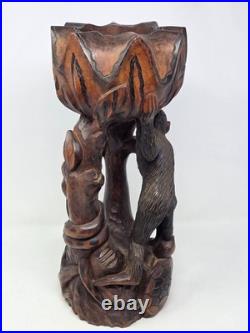 Vintage Asian Wood Carving Sculpture Monkey, Snake, Lotus Flower Bowl, Turtle