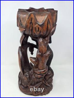 Vintage Asian Wood Carving Sculpture Monkey, Snake, Lotus Flower Bowl, Turtle