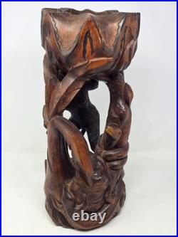Vintage Asian Wood Carving Sculpture Monkey, Snake, Lotus Flower Bowl, Turtle
