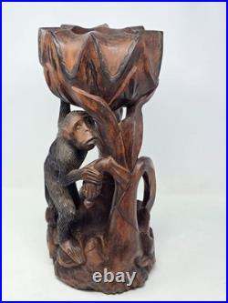 Vintage Asian Wood Carving Sculpture Monkey, Snake, Lotus Flower Bowl, Turtle