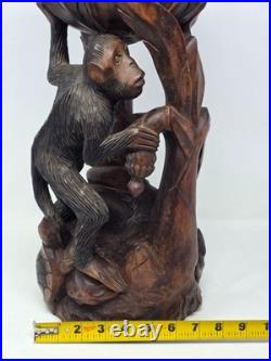 Vintage Asian Wood Carving Sculpture Monkey, Snake, Lotus Flower Bowl, Turtle