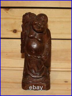 Vintage Asian hand carving wood Laughing Buddha Budai figurine