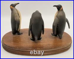 Vintage Attributed ANRI Toriart Emperor Penguin Trio Sculpture on Wood Base