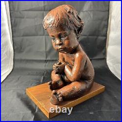 Vintage Austin Production 1969 Infant Baby Statue Sculpture On Wood Base Signed