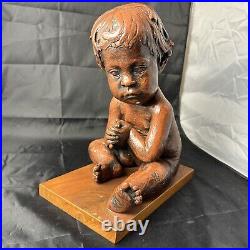 Vintage Austin Production 1969 Infant Baby Statue Sculpture On Wood Base Signed