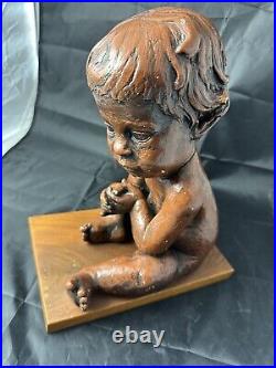 Vintage Austin Production 1969 Infant Baby Statue Sculpture On Wood Base Signed