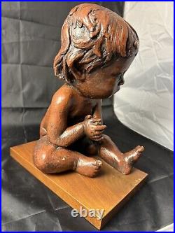 Vintage Austin Production 1969 Infant Baby Statue Sculpture On Wood Base Signed