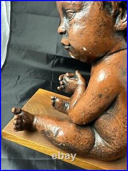 Vintage Austin Production 1969 Infant Baby Statue Sculpture On Wood Base Signed