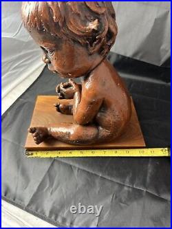 Vintage Austin Production 1969 Infant Baby Statue Sculpture On Wood Base Signed