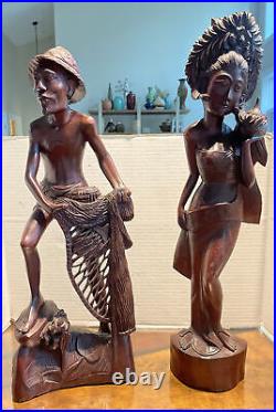 Vintage BALI WOMAN Man Hand Carved WOOD Sculpture Couple Statue Balinese Nude