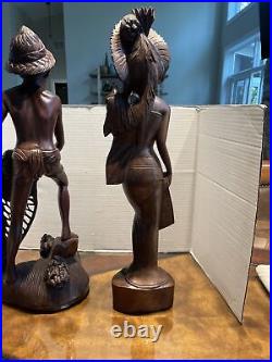 Vintage BALI WOMAN Man Hand Carved WOOD Sculpture Couple Statue Balinese Nude