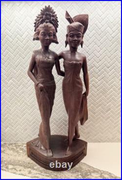 Vintage BALI WOMANS Hand Carved WOOD Sculpture Couple Statue Balinese Indonesian