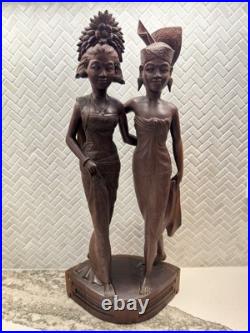 Vintage BALI WOMANS Hand Carved WOOD Sculpture Couple Statue Balinese Indonesian