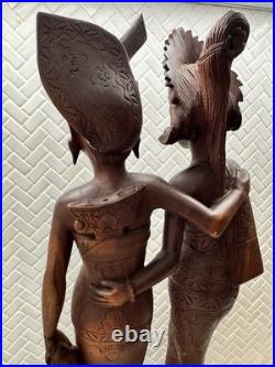 Vintage BALI WOMANS Hand Carved WOOD Sculpture Couple Statue Balinese Indonesian