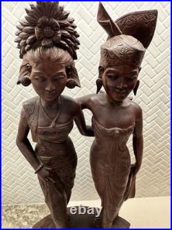 Vintage BALI WOMANS Hand Carved WOOD Sculpture Couple Statue Balinese Indonesian