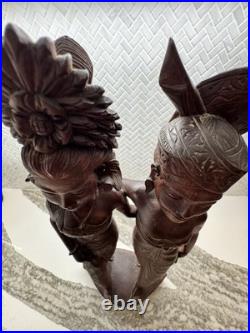 Vintage BALI WOMANS Hand Carved WOOD Sculpture Couple Statue Balinese Indonesian