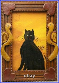 Vintage BARBARA STRAWSER Signed PA Folk Art Painting Black Cat Carved Wood Frame
