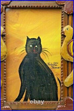 Vintage BARBARA STRAWSER Signed PA Folk Art Painting Black Cat Carved Wood Frame