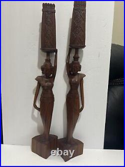 Vintage Bali 1964 Hand-Carved Woman Wood Pair Large Sculptures Statues 27