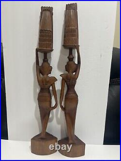 Vintage Bali 1964 Hand-Carved Woman Wood Pair Large Sculptures Statues 27