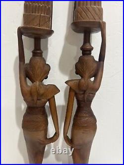 Vintage Bali 1964 Hand-Carved Woman Wood Pair Large Sculptures Statues 27