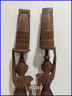 Vintage Bali 1964 Hand-Carved Woman Wood Pair Large Sculptures Statues 27