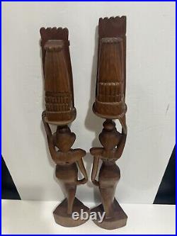 Vintage Bali 1964 Hand-Carved Woman Wood Pair Large Sculptures Statues 27