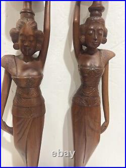 Vintage Bali 1964 Hand-Carved Woman Wood Pair Large Sculptures Statues 27