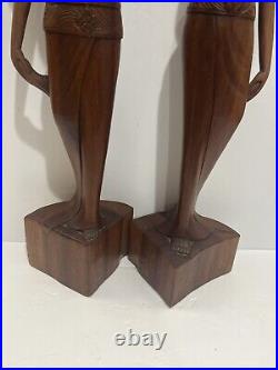 Vintage Bali 1964 Hand-Carved Woman Wood Pair Large Sculptures Statues 27