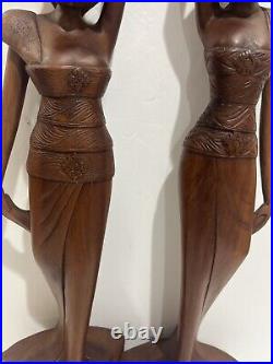 Vintage Bali 1964 Hand-Carved Woman Wood Pair Large Sculptures Statues 27