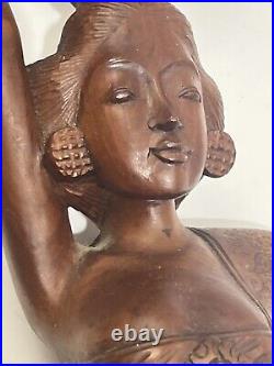 Vintage Bali 1964 Hand-Carved Woman Wood Pair Large Sculptures Statues 27