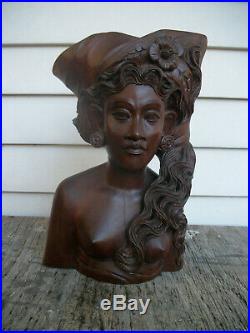 Vintage Bali Hand Carved Hard Wood Female Nude Bust Sculpture. 12.75 H