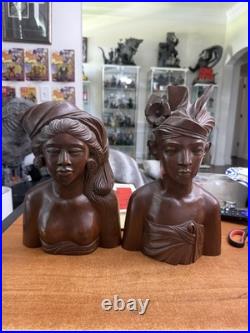 Vintage Bali Teak Wood Busts Pair Hand-Carved Balinese Sculpture Man Woman 12 in